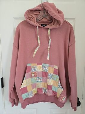 Handmade One Of a Kind Upcycled Dusty Rose Hoodie with Patchwork Pocket, Sz. Med
